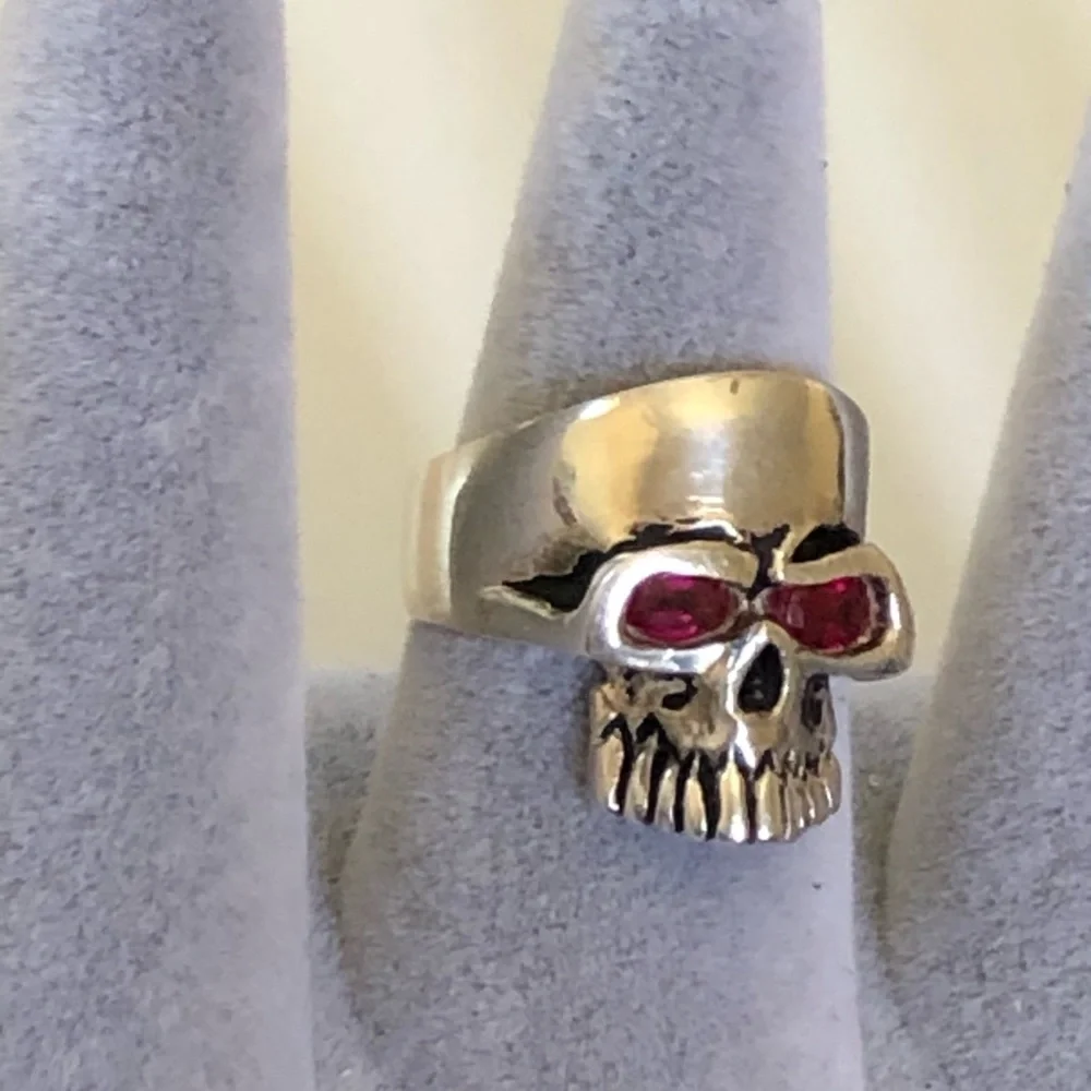 925 sterling silver skull biker ring red cubic zirconia cz stones eyes